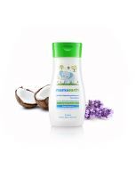 mamaearth organic baby shampoo bottle with coconut and lavender ingredients