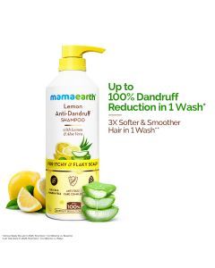 Mamaearth lemon anti dandruff shampoo bottle with lemon ginger and aloe vera